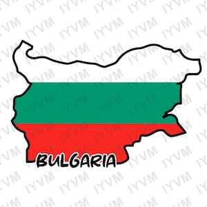 May include: A white outline of the country of Bulgaria with the Bulgarian flag colors inside. The flag is green, white, and red. The word "BULGARIA" is written in black below the flag.