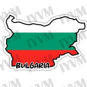May include: A sticker featuring the outline of Bulgaria, colored with the Bulgarian flag's horizontal stripes of white, green, and red. The word "BULGARIA" is written in a bold font at the bottom.