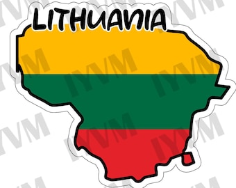 May include: A sticker of the outline of Lithuania with the Lithuanian flag colors: yellow, green, and red. The word "Lithuania" is written in black above the flag.