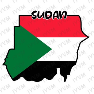 May include: A map of Sudan with the country's flag colors: green, black, and red. The word "Sudan" is written in white letters on the red portion of the flag.