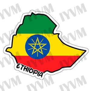 May include: A sticker of the outline of Ethiopia with the Ethiopian flag colors: green, yellow, red, and a blue star in the center. The text "ETHIOPIA" is written below the flag.