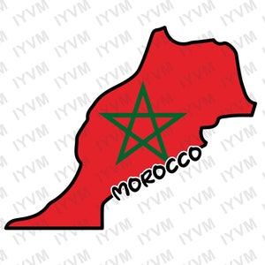 Op de afbeelding: Een omtrek van het land Marokko in rood en groen, met een vijfpuntige groene ster in het midden. Het woord "MOROCCO" staat in groen onder de ster.