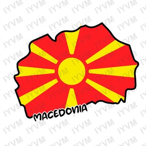 May include: A yellow sun with eight red rays on a red and yellow background, representing the flag of Macedonia. The outline of the country of Macedonia is shown in black.