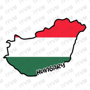 Op de afbeelding: Een zwarte omtrek van het land Hongarije met de kleuren van de Hongaarse vlag erin. De vlag is rood, wit en groen. Het woord "HONGARIJE" staat in zwart onder de omtrek.