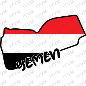 Könnte beinhalten: Eine schwarz-weiße Umrandung des Landes Jemen mit den Farben der jemenitischen Flagge im Inneren. Die Flagge ist rot, weiß und schwarz. Das Wort "Jemen" ist in Schwarz unterhalb der Umrandung geschrieben.