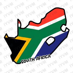Peut inclure: Une silhouette noire de la carte de l'Afrique du Sud avec les couleurs du drapeau sud-africain à l'intérieur. Les couleurs du drapeau sont le rouge, le jaune, le vert, le noir et le bleu. Le texte "SOUTH AFRICA" est écrit sous la carte.
