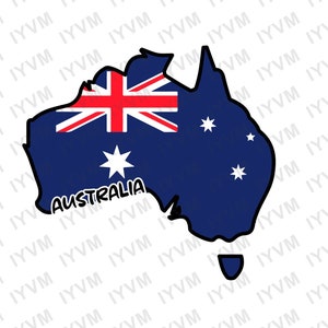 Op de afbeelding: Een blauwe omtrek van het continent Australië met de Australische vlag in het midden. De vlag is rood, wit en blauw met een Union Jack in de linkerbovenhoek en een sterrenbeeld in de rechterbenedenhoek. Het woord "AUSTRALIA" staat in wit onder de vlag.