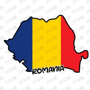 Op de afbeelding: Een kaart van Roemenië met de kleuren van de Roemeense vlag, blauw, geel en rood, over de kaart heen gelegd. Het woord "ROMANIA" staat onder de kaart.