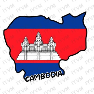May include: A map of Cambodia with the Cambodian flag colors: blue, red, and white. The flag features a white temple in the center. The word "CAMBODIA" is written below the map.
