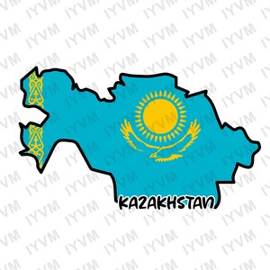 May include: A blue and yellow map of Kazakhstan with a black outline. The map is filled with the colours of the Kazakh flag, with a yellow sun and a golden eagle in the centre. The word "KAZAKHSTAN" is written in black below the map.