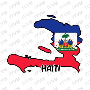 Op de afbeelding: Een kaart van Haïti met de Haïtiaanse vlag die over het land is gelegd. De kaart is zwart omlijnd en de vlag is in zijn traditionele kleuren blauw, rood en wit. Het woord "HAITI" staat in zwart onder de kaart.