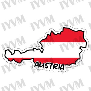 May include: A sticker of the outline of Austria with the Austrian flag colors, red, white, and red, and the word "Austria" written below.