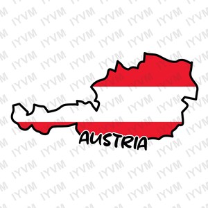 May include: A black outline of the country of Austria with the Austrian flag colors of red, white, and red inside the outline. The word "Austria" is written in black below the outline.