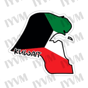 May include: A sticker in the shape of Kuwait, with the country's flag colours: black, green, red, and white. The word "Kuwait" is written in a stylized font across the bottom of the sticker.