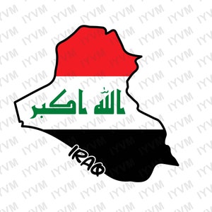 May include: An outline of the country of Iraq with the Iraqi flag colors and the Arabic text "Allahu Akbar" in the center. The word "IRAQ" is written below the outline.