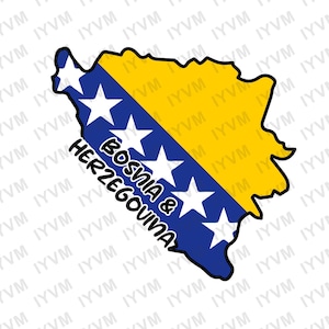 Może przedstawiać: Żółto-niebieski zarys Bośni i Hercegowiny z tekstem "BOSNIA & HERZEGOVINA" i pięcioma białymi gwiazdami.