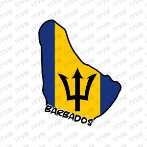 Könnte beinhalten: Eine gelbe und blaue Umrandung der Insel Barbados mit den Farben der Nationalflagge und dem Dreizack-Symbol. Der Text "BARBADOS" befindet sich unterhalb der Umrandung.