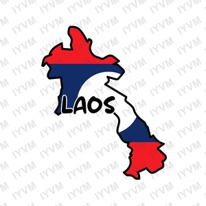 May include: A map of Laos with the country's flag colors, red, blue, and white. The word "LAOS" is written in black letters across the map.