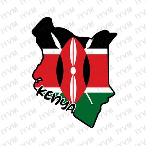 May include: A black outline of the country of Kenya with the Kenyan flag colors inside. The flag has a red, white, and black shield with two spears crossed behind it. The words "KENYA" are written in black below the flag.