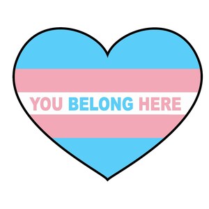 Puede incluir: Un corazón azul, rosa y blanco con un contorno negro. El corazón tiene el texto "YOU BELONG HERE" escrito en él.