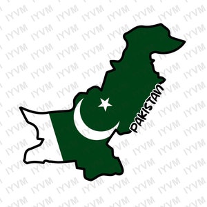 Op de afbeelding: Een groene en witte omtrek van Pakistan met de vlag van het land in het midden. De vlag is groen met een witte halve maan en een witte ster.