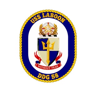 May include: A blue and gold circular emblem with the text "USS LABOON DDG 58" and the words "WITHOUT FEAR" in a banner below a shield with a trident.
