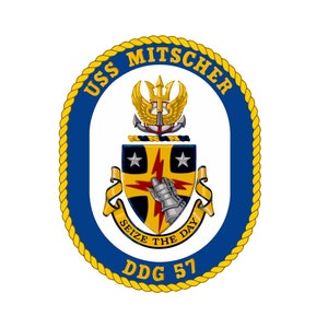 May include: A blue and gold circular emblem with a rope border. The emblem features a shield with a lightning bolt and stars, a winged trident, and the text "USS Mitscher DDG 57" and "Seize the Day".