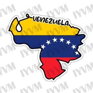 Op de afbeelding: Een sticker met een gele, blauwe en rode omtrek van Venezuela met de vlag van het land erin. De vlag heeft acht witte sterren op een blauw veld, met een gele band bovenaan en een rode band onderaan.