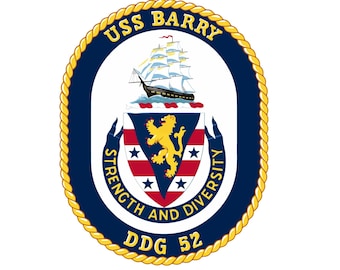 May include: A navy blue and gold circular emblem with a rope border. The emblem features a ship, a lion, and the text "USS BARRY STRENGTH AND DIVERSITY DDG 52".