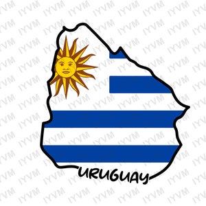 Pode incluir: Um contorno preto do país do Uruguai preenchido com a bandeira uruguaia. A bandeira é azul e branca com um sol amarelo no canto superior esquerdo. A palavra "URUGUAY" está escrita em preto abaixo da bandeira.