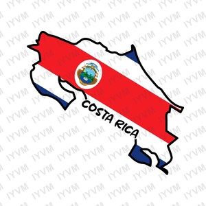 May include: A map of Costa Rica with the country's flag superimposed on it. The flag is red, white, and blue with a coat of arms in the centre. The text "COSTA RICA" is written below the map.