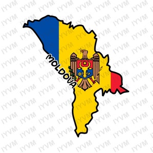 Op de afbeelding: Een gele, blauwe en rode kaart van Moldavië met het wapen van het land in het midden. Het woord "Moldavië" staat in het zwart langs de zijkant van de kaart.