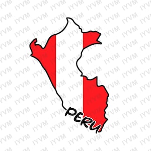 May include: A black outline of the country of Peru with the Peruvian flag colors, red and white, filling the outline. The word "Peru" is written in black cursive below the outline.