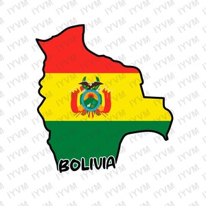 Op de afbeelding: Een kaart van Bolivia in de kleuren van de Boliviaanse vlag: rood, geel en groen. De vlag heeft een wapenschild met een condor, een lama en een zon. De tekst "Bolivia" staat onder de kaart.