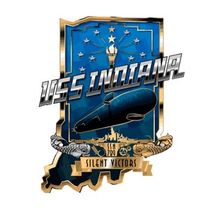 May include: A blue and gold emblem with the words "USS INDIANA" and "SILENT VICTORS" in a banner. The emblem features a submarine, a state of Indiana outline, and a torch with stars.