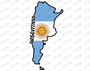 Könnte beinhalten: Eine blaue und weiße Umrandung Argentiniens mit der Landesflagge im Inneren. Die Flagge ist hellblau und weiß mit einer gelben Sonne in der Mitte. Das Wort "Argentinien" steht vertikal auf der linken Seite der Umrandung.