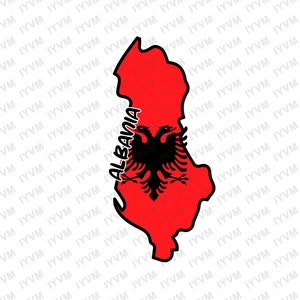 Op de afbeelding: Een rode omtrek van het land Albanië met de Albanese vlag erin. De vlag is rood met een zwarte dubbelkoppige adelaar in het midden.