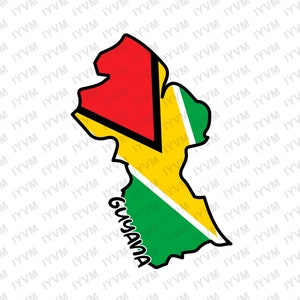 Puede incluir: Un contorno estilizado del país de Guyana con los colores de la bandera guyanesa: rojo, amarillo y verde. La palabra "GUYANA" está escrita en negro debajo del contorno.
