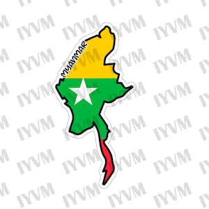 Decalque adesivo com bandeira do mapa de Mianmar / República da União de Mianmar / Birmânia / Naypyidaw / Birmanês /