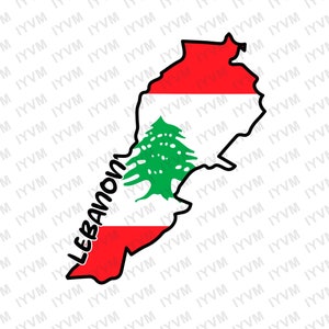 Op de afbeelding: Een zwarte omtrek van het land Libanon met de kleuren van de Libanese vlag: rood, wit en groen. De vlag van Libanon bevindt zich binnen de omtrek van het land. Het woord "Libanon" staat verticaal langs de linkerkant van de omtrek.