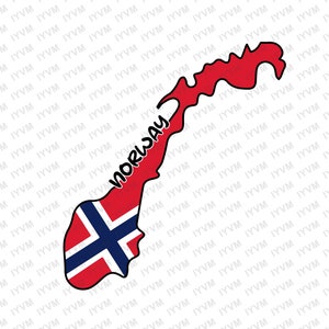 Op de afbeelding: Een omtrek van het land Noorwegen met de Noorse vlag in de linkerbenedenhoek. Het woord "Noorwegen" staat in een gebogen lijn langs de omtrek van het land.
