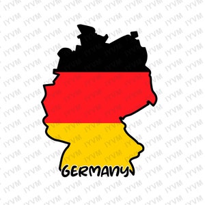 Op de afbeelding: Een zwart-witte omtrek van Duitsland met de kleuren van de Duitse vlag: zwart, rood en geel. Het woord "GERMANY" staat onder de omtrek.