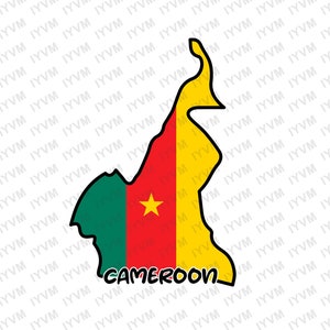 Op de afbeelding: Een kaart van Kameroen met de kleuren van de vlag van het land: groen, rood en geel. De vlag heeft een gele ster in het midden. Het woord "KAMEROEN" staat onder de kaart.