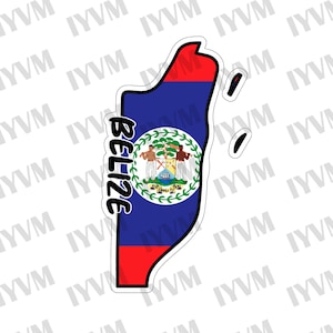 Puede incluir: Una pegatina de la bandera de Belice con la forma del país. La bandera es roja, azul y blanca con un escudo de armas en el centro. La palabra "Belice" está escrita verticalmente en el lado izquierdo de la pegatina.