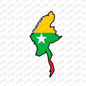 Op de afbeelding: Een kaart van Myanmar met de kleuren van de vlag van het land: geel, groen en rood. De vlag heeft een witte ster in het midden.