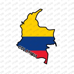May include: A yellow, blue, and red outline of the country of Colombia with the word "COLOMBIA" written in black inside the outline.
