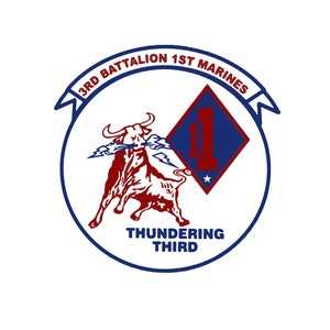 May include: A blue and red circular emblem with the text "3rd Battalion 1st Marines" and "Thundering Third". A red bull with a lightning bolt in its mouth is charging towards a blue diamond with a red "1" inside.