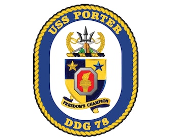 May include: A blue and gold circular emblem with a rope border. The emblem features the text "USS PORTER" and "DDG 78" in a gold font. The center of the emblem features a shield with a red and blue design and a gold star.