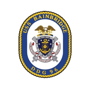 May include: A blue and gold oval seal with a rope border. The seal features a bald eagle with wings spread, a shield with an anchor, and the text "USS Bainbridge DDG 96".