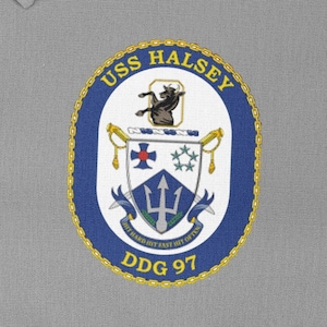 May include: A navy blue and gold embroidered patch with the text "USS HALSEY DDG 97" and a crest featuring a trident, a bull, and a cross.